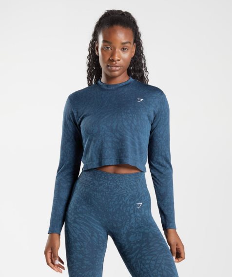 Women's Gymshark Adapt Animal Seamless Long Sleeve Top T-Shirts Navy | NZ 0XKOTP